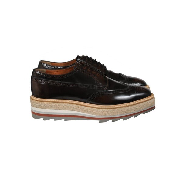 Prada Men Platform Brogue US 9 UK 8 Brown Leather Wingtip Espadrille Medallion - Picture 8 of 11